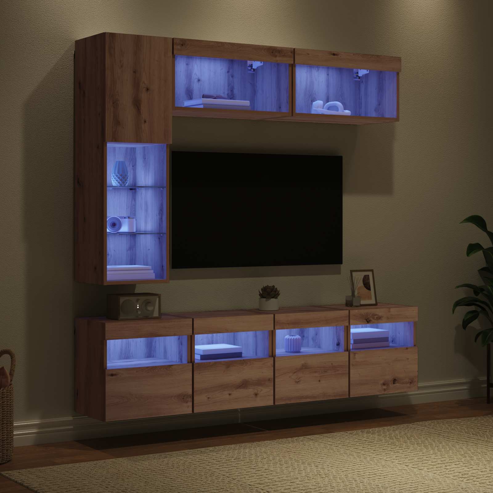 Cabinet TV Pe perete 7 pcs Stejar Artizanal Lemn compozit — imaginea 5