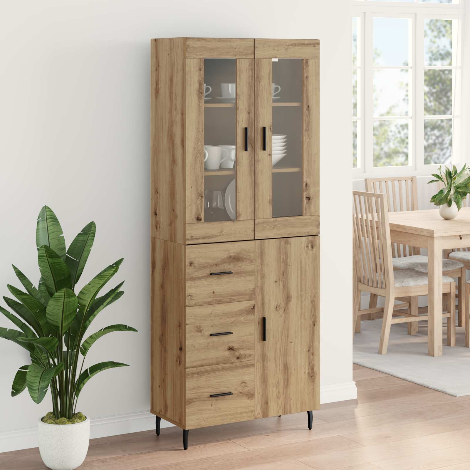 Bufet 2 pcs Stejar Artizanal Lemn Stratificat si Sticla — imaginea 4