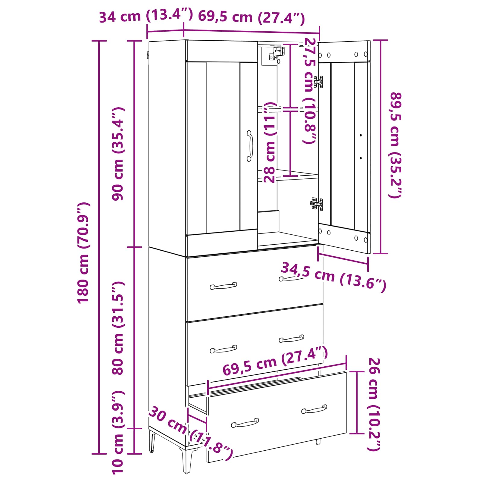 Bufet Pe perete Lemn Vechi 69,5 x 34 x 180 cm Lemn compozit — imaginea 13