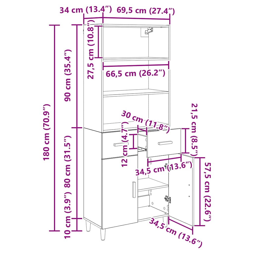 Bufet Stejar Artizanal 69,5 x 32,5 x 180 cm Lemn compozit — imaginea 9