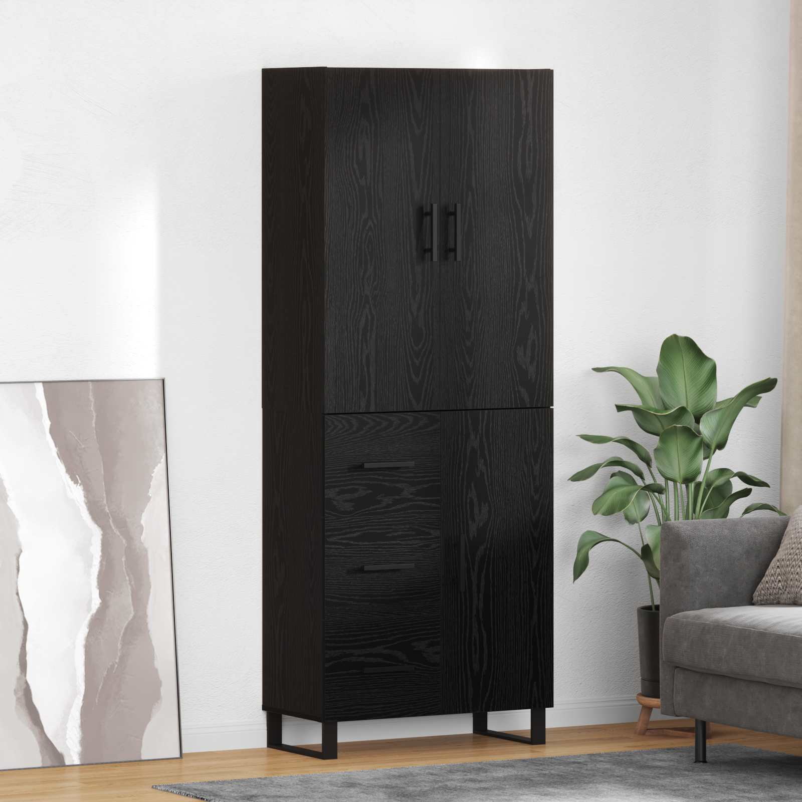 Bufet cu sertar 2 pcs Stejar Negru Lemn Stratificat si Sticla — imaginea 2