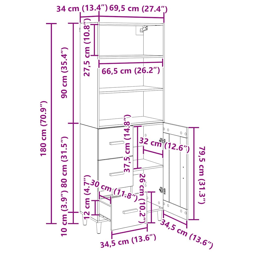 Bufet Stejar Artizanal 69,5 x 32,5 x 180 cm Lemn compozit — imaginea 13