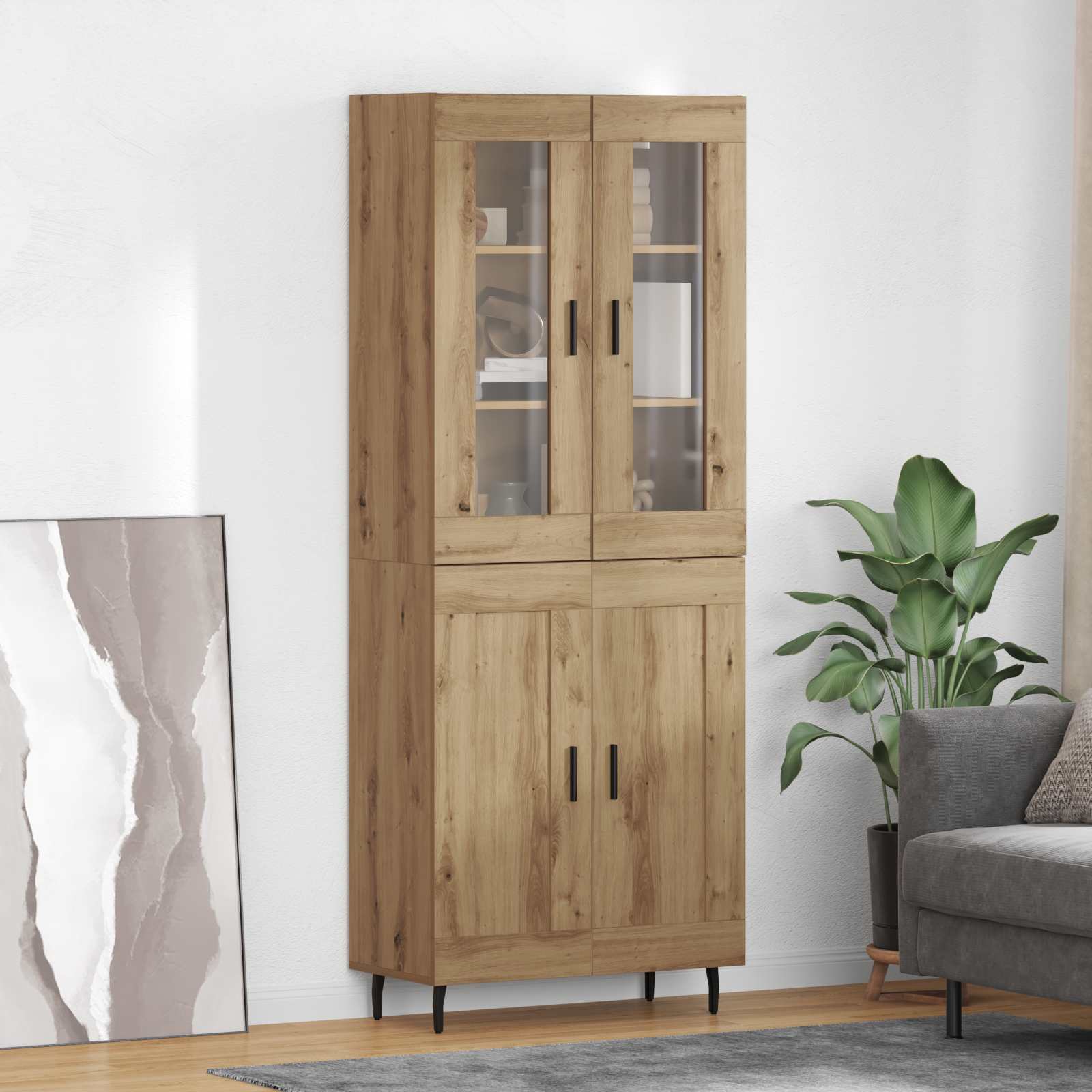 Bufet 2 pcs Stejar Artizanal Lemn Stratificat si Sticla — imaginea 2