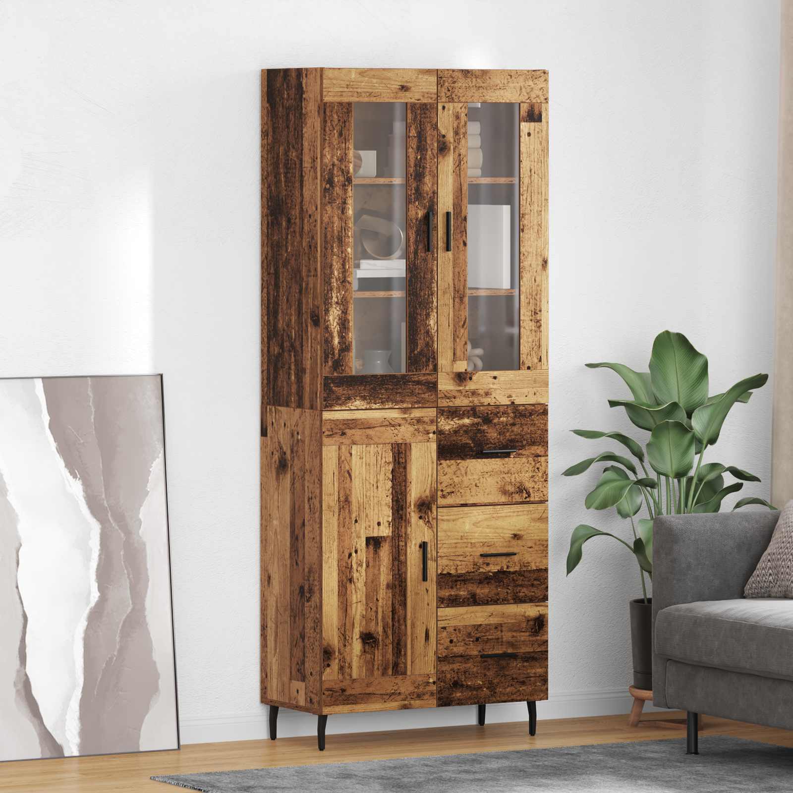 Bufet cu sertar 2 pcs Lemn Vechi Lemn Stratificat si Sticla — imaginea 2