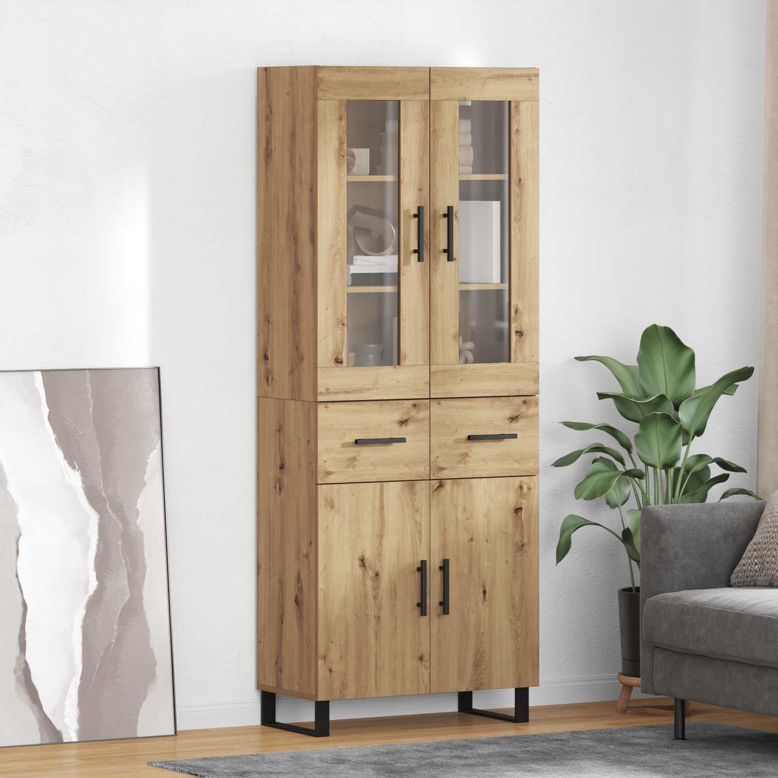 Bufet 2 pcs Stejar Artizanal Lemn Stratificat si Sticla — imaginea 2