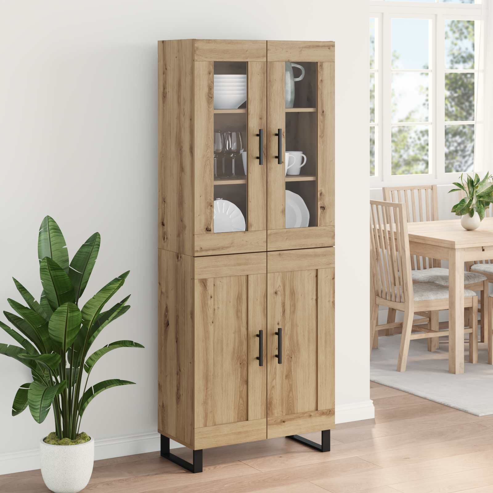 Bufet 2 pcs Stejar Artizanal Lemn Stratificat si Sticla — imaginea 4