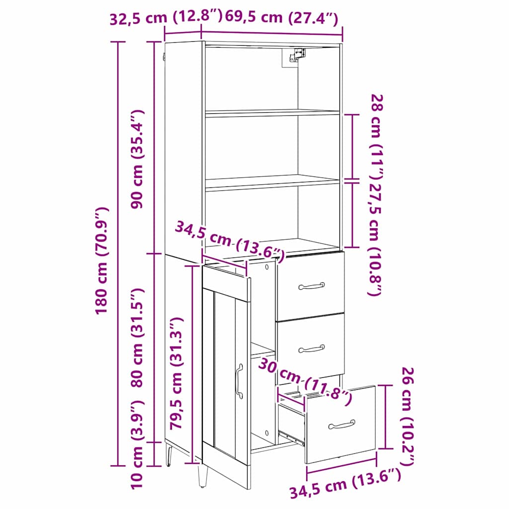 Bufet Stejar Artizanal 69,5 x 34 x 180 cm Lemn compozit — imaginea 13