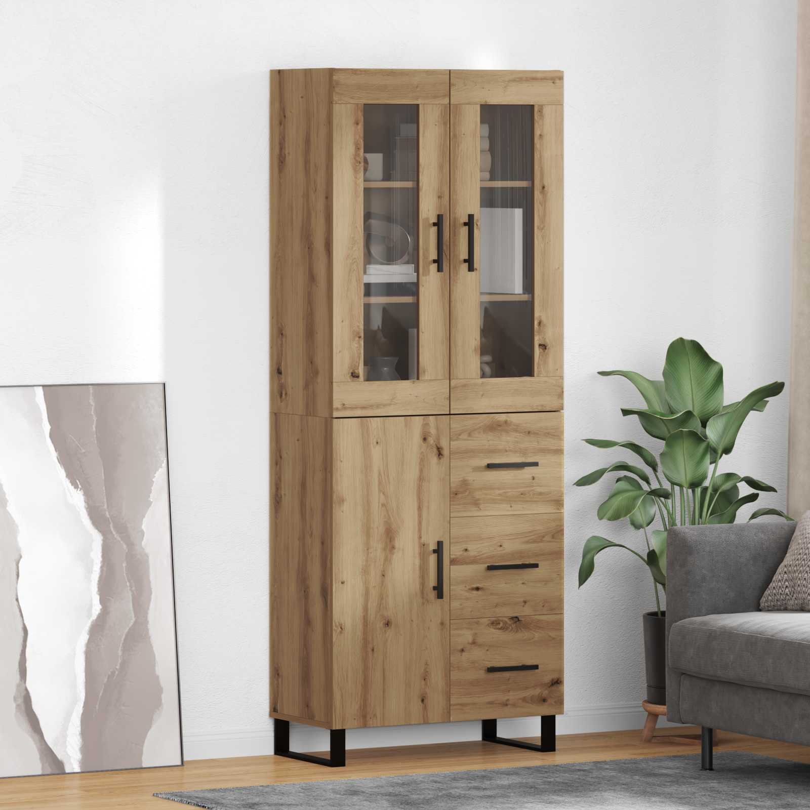 Bufet 2 pcs Stejar Artizanal Lemn Stratificat si Sticla — imaginea 2