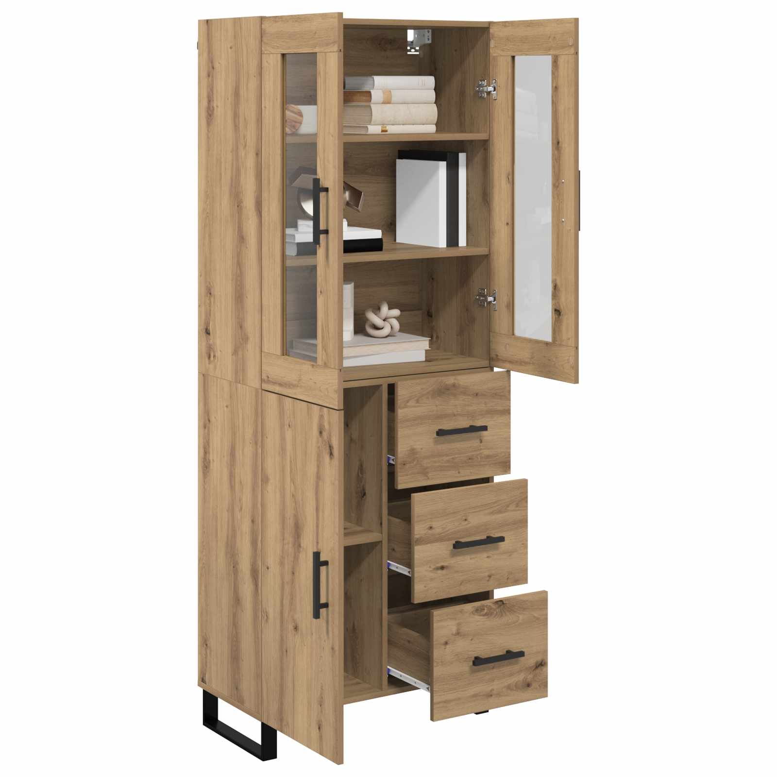 Bufet 2 pcs Stejar Artizanal Lemn Stratificat si Sticla — imaginea 3