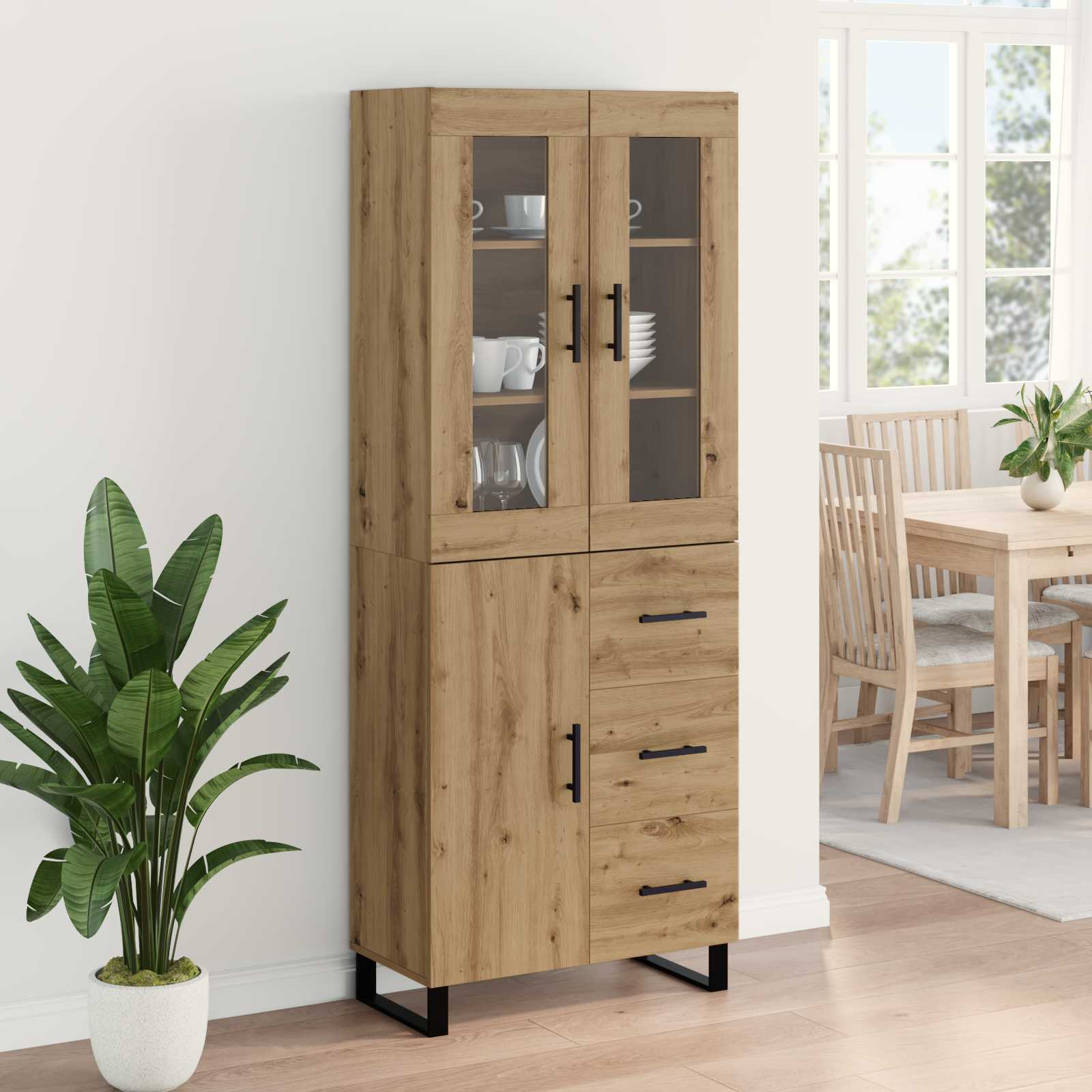 Bufet 2 pcs Stejar Artizanal Lemn Stratificat si Sticla — imaginea 4