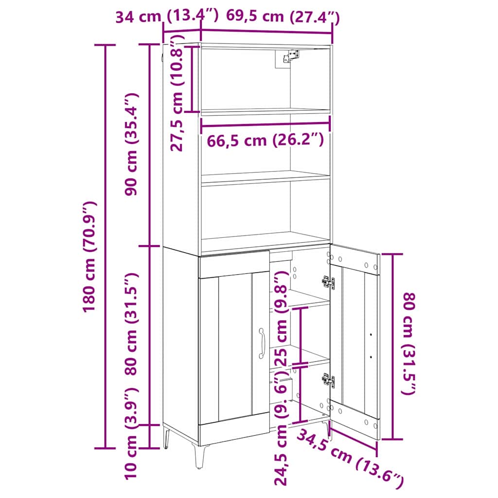 Bufet Stejar Artizanal 69,5 x 34 x 180 cm Lemn compozit — imaginea 13