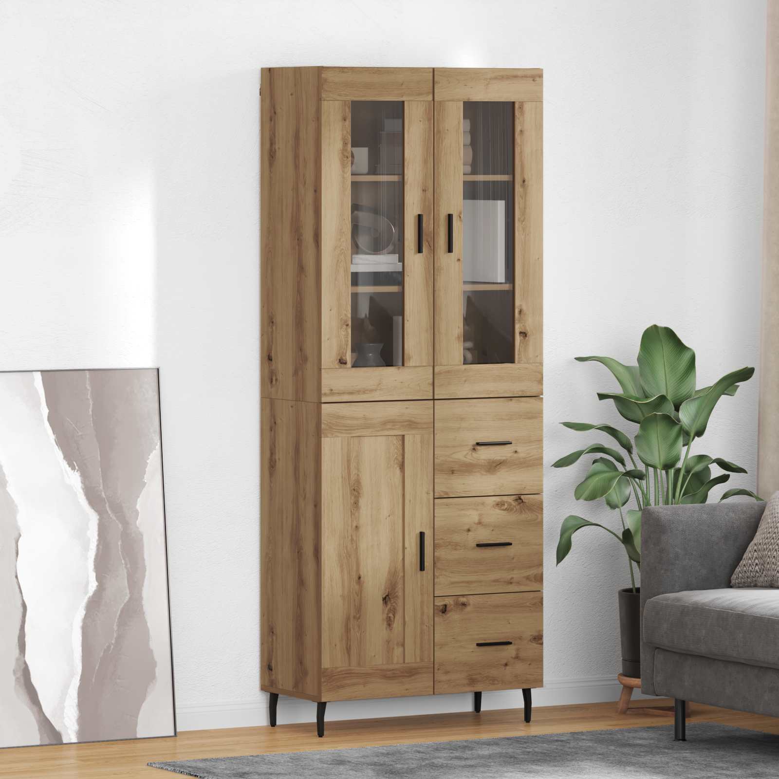 Bufet 2 pcs Stejar Artizanal Lemn Stratificat si Sticla — imaginea 3