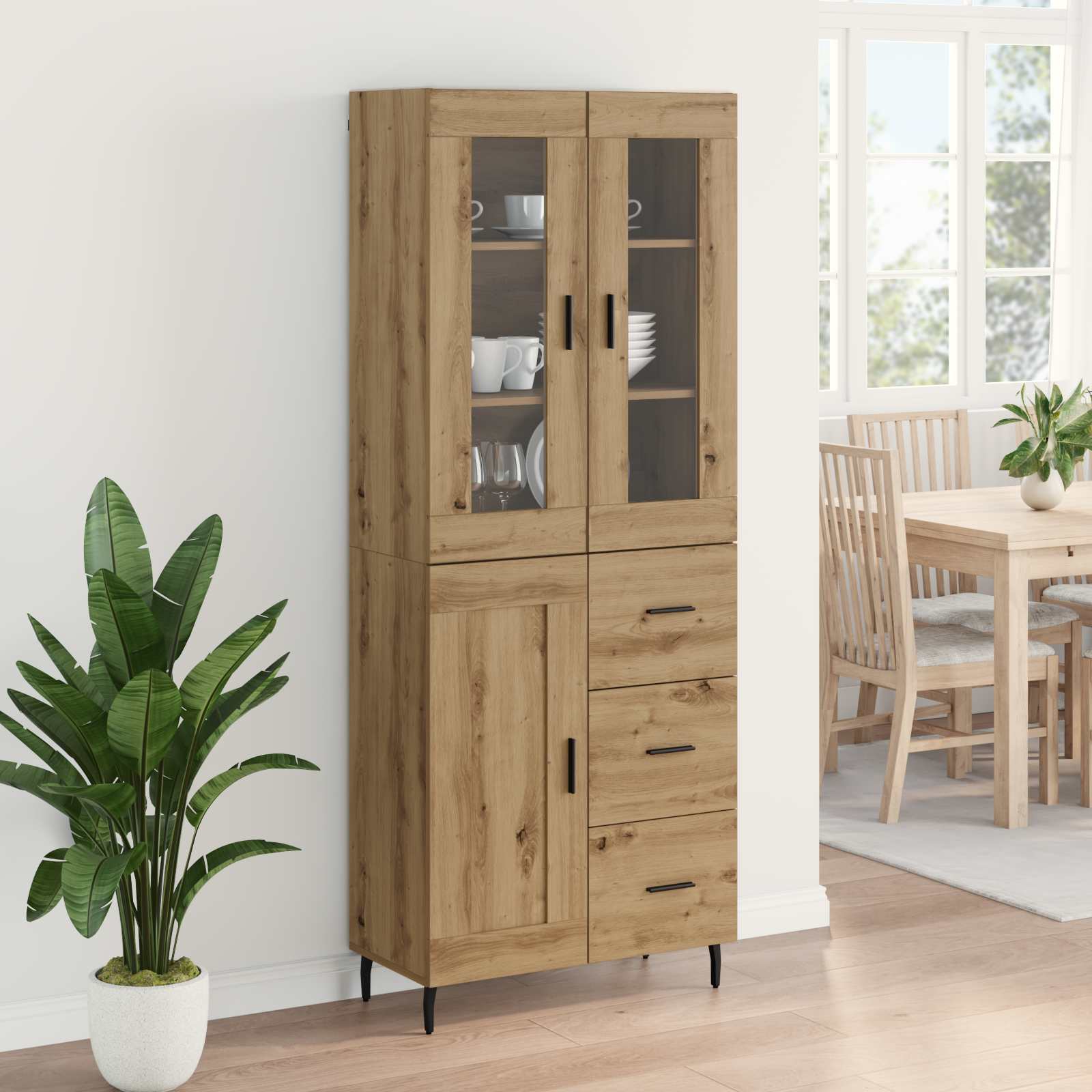 Bufet 2 pcs Stejar Artizanal Lemn Stratificat si Sticla — imaginea 4
