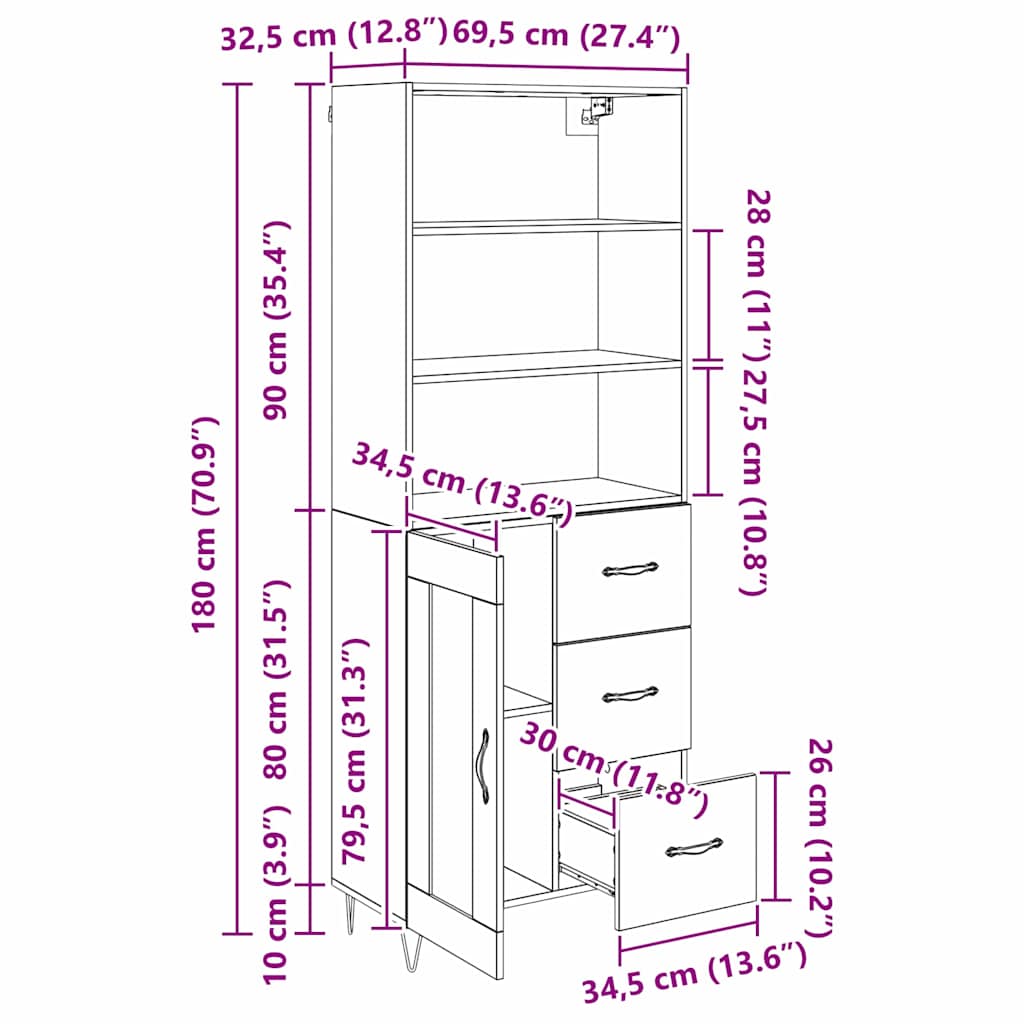 Bufet Stejar Artizanal 69,5 x 32,5 x 180 cm Lemn compozit — imaginea 13