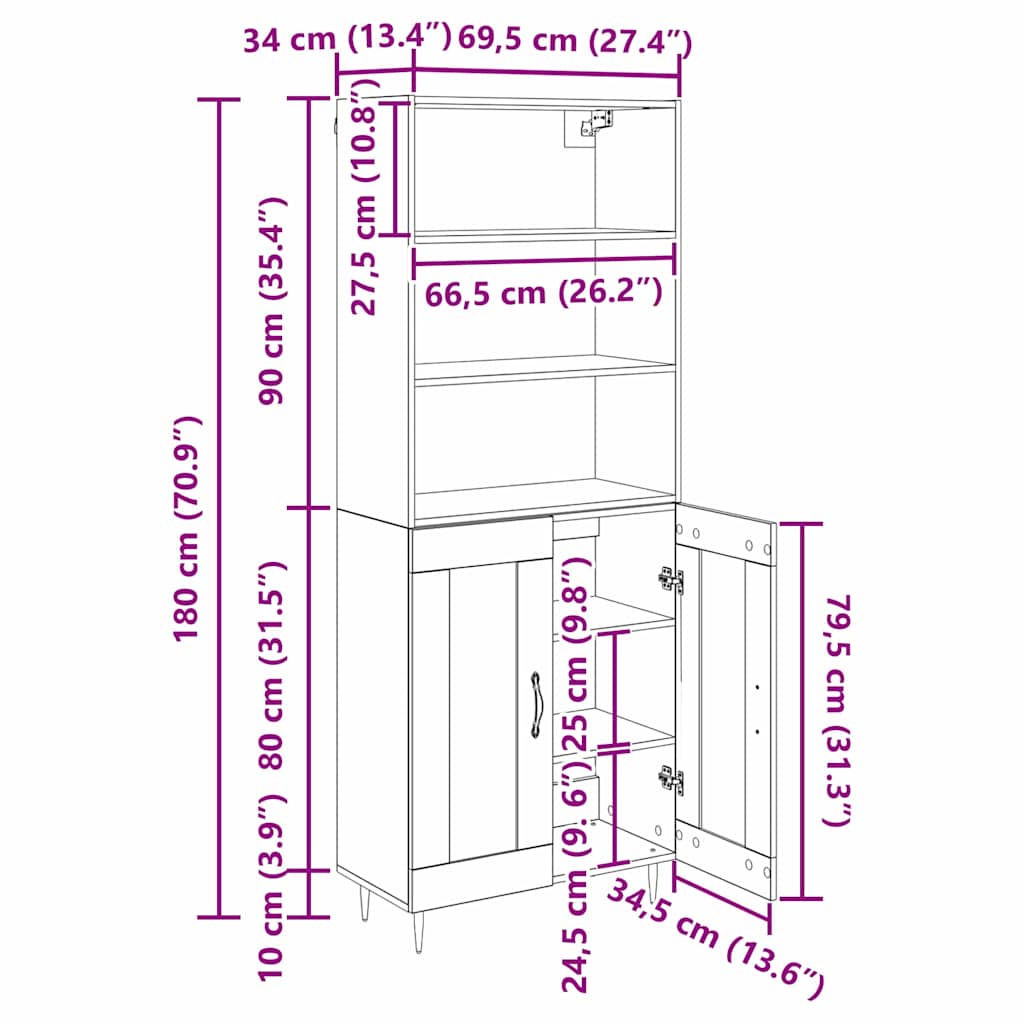 Bufet Stejar Artizanal 69,5 x 34 x 180 cm Lemn compozit — imaginea 13
