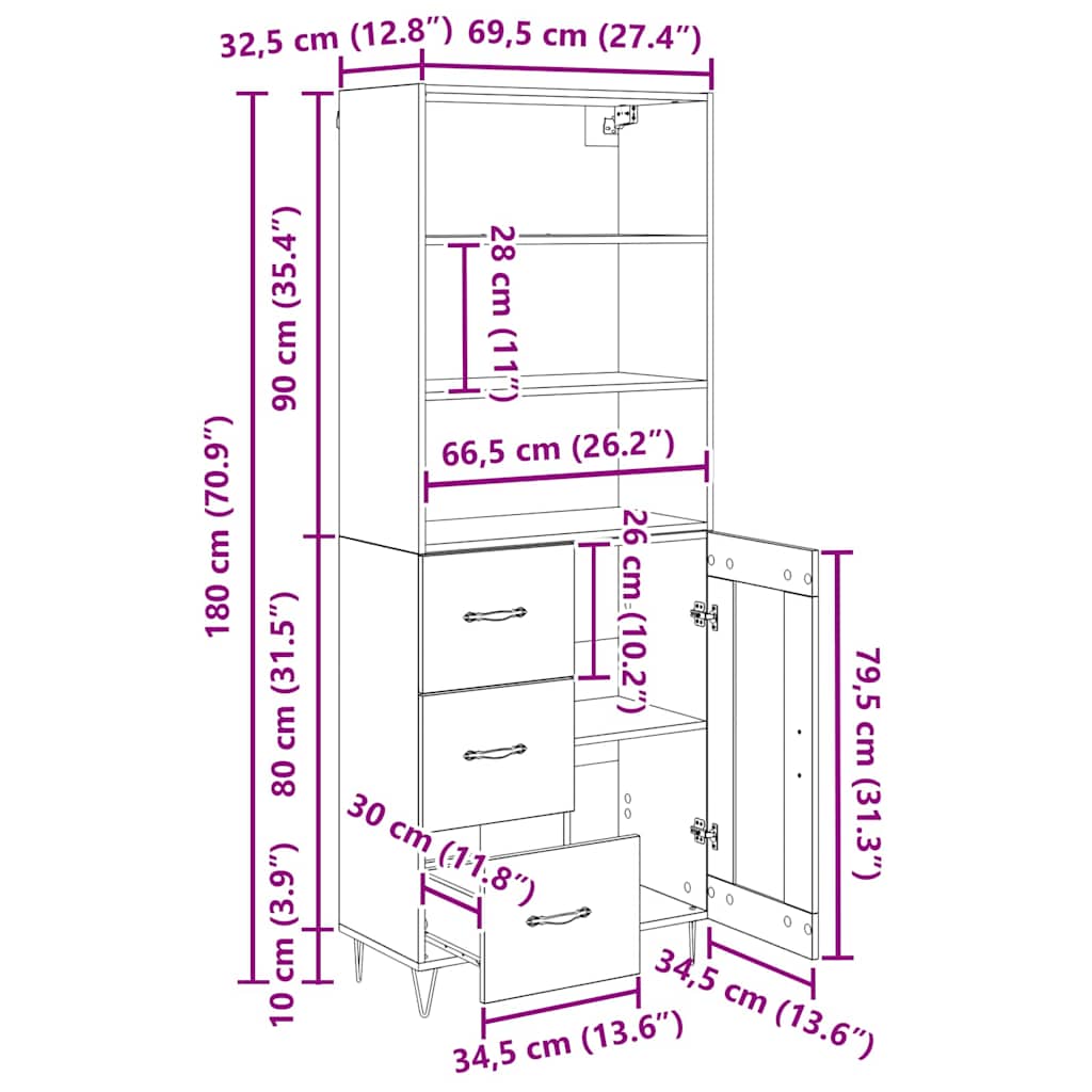 Bufet cu sertar Lemn Vechi 69,5 x 32,5 x 180 cm Lemn compozit — imaginea 13