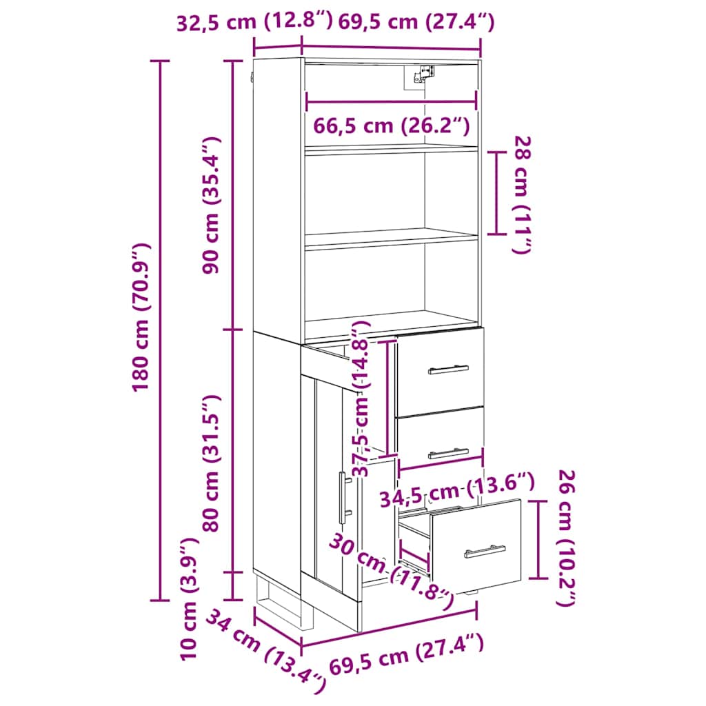 Bufet Pe perete Lemn vechi 69,5 x 34 x 180 cm Lemn compozit — imaginea 13
