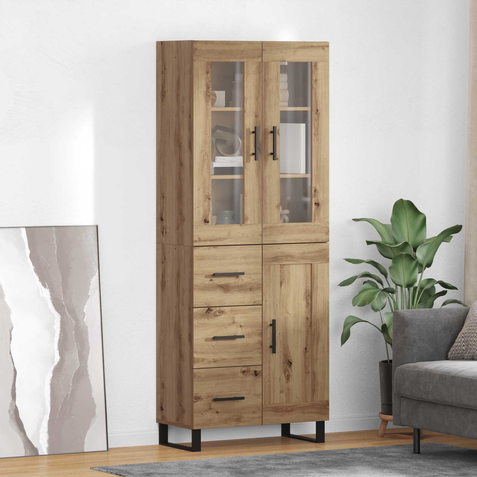 Bufet 2 pcs Stejar Artizanal Lemn Stratificat si Sticla — imaginea 2