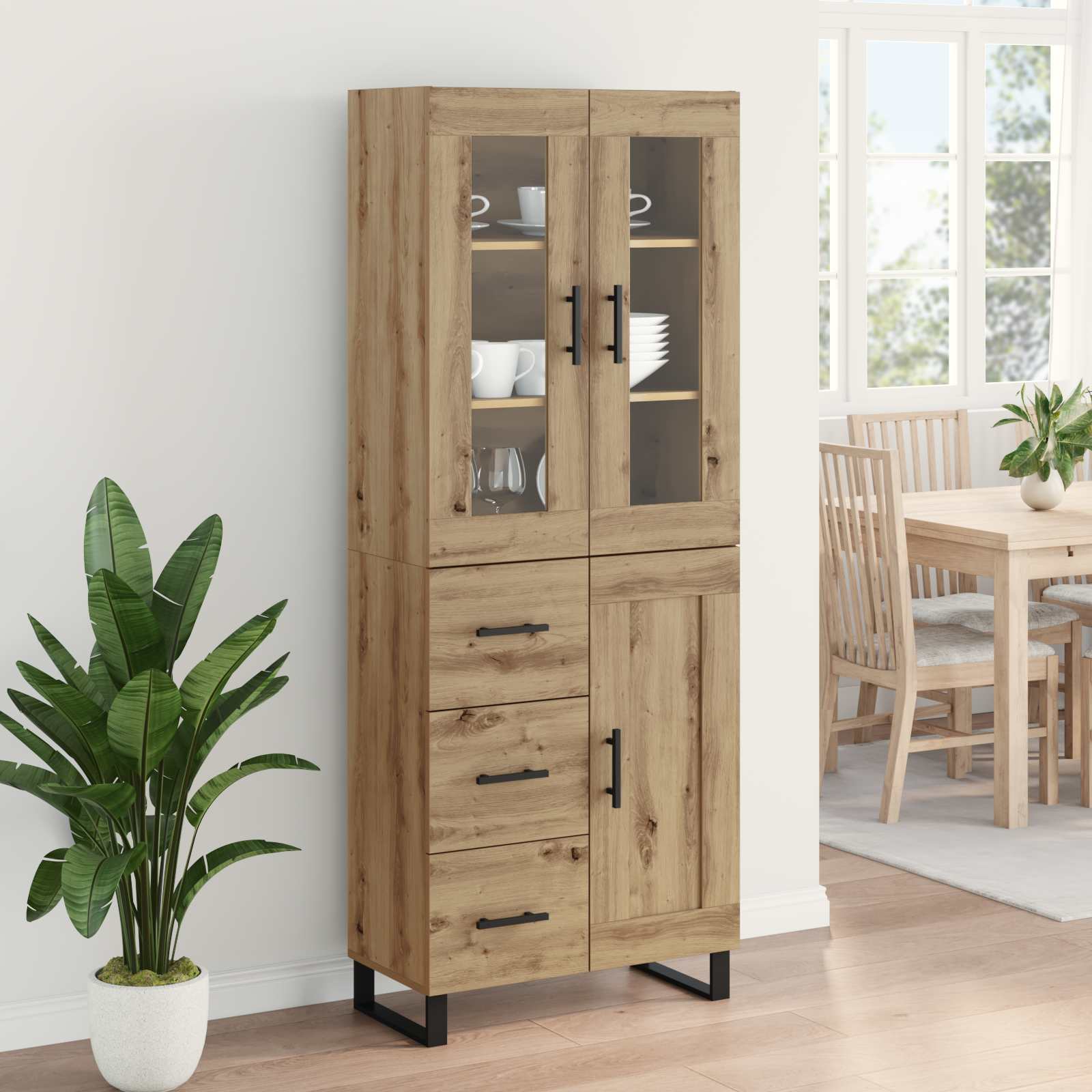 Bufet 2 pcs Stejar Artizanal Lemn Stratificat si Sticla — imaginea 4