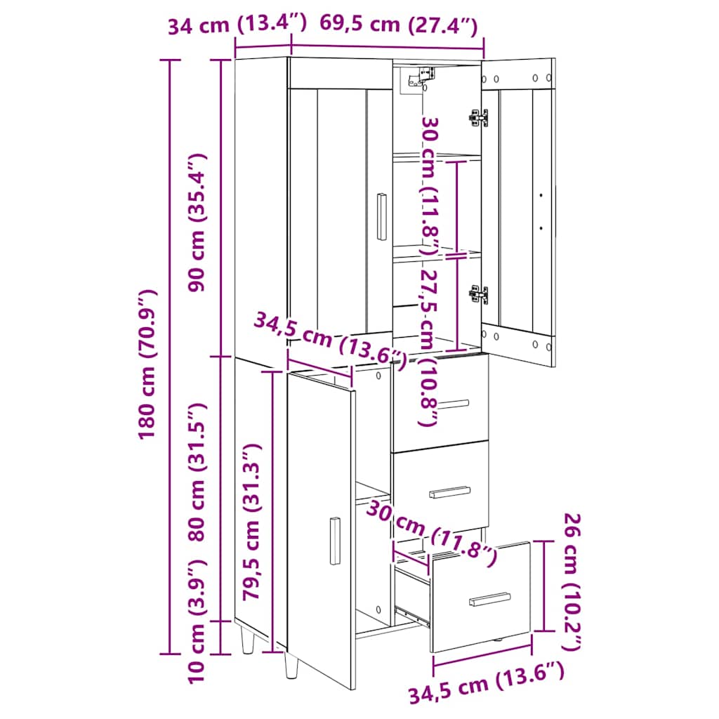Bufet cu sertar Lemn Vechi 69,5 x 34 x 180 cm Lemn compozit — imaginea 13