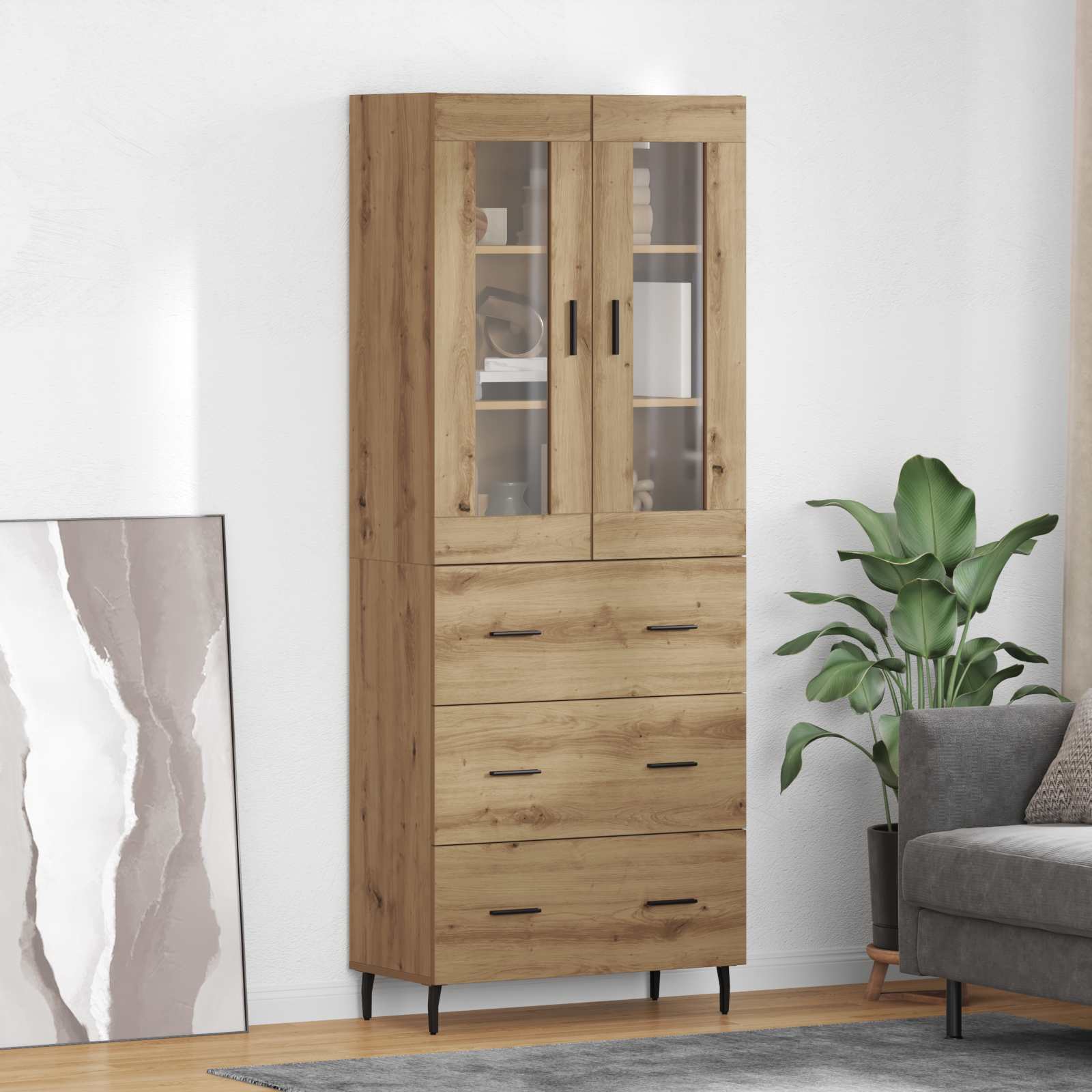 Bufet 2 pcs Stejar Artizanal Lemn Stratificat si Sticla — imaginea 2