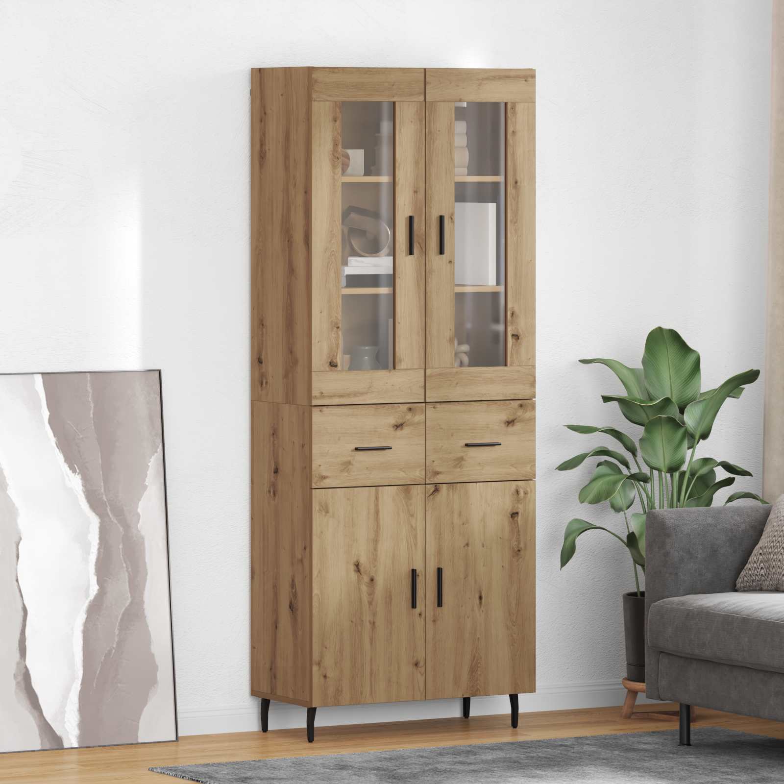 Bufet 2 pcs Stejar Artizanal Lemn Stratificat si Sticla — imaginea 2