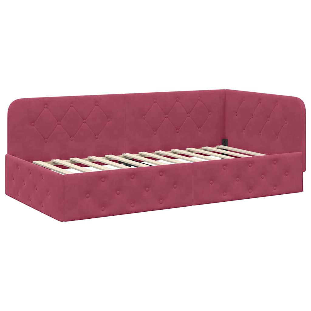 Cadru de pat coltar cu headboard Rosu Vin 100 x 200 cm Catifea