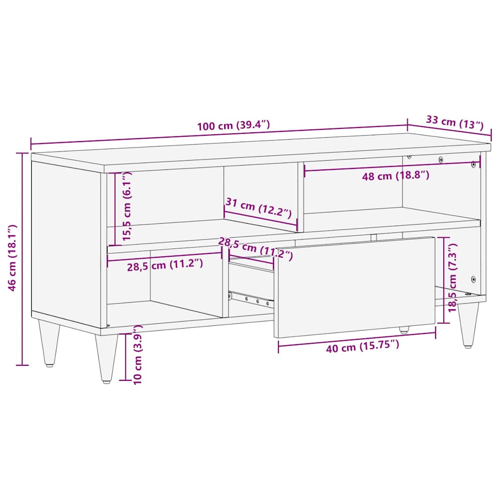 Cabinet TV cu sertar Negru 100 x 33 x 46 cm Lemn de mango solid — imaginea 11