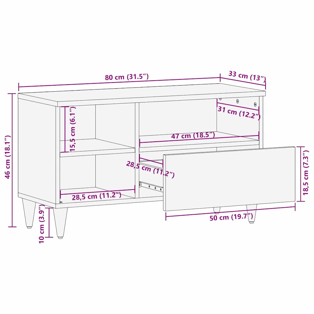 Cabinet TV cu sertar Negru 80 x 33 x 46 cm Lemn de mango solid — imaginea 12