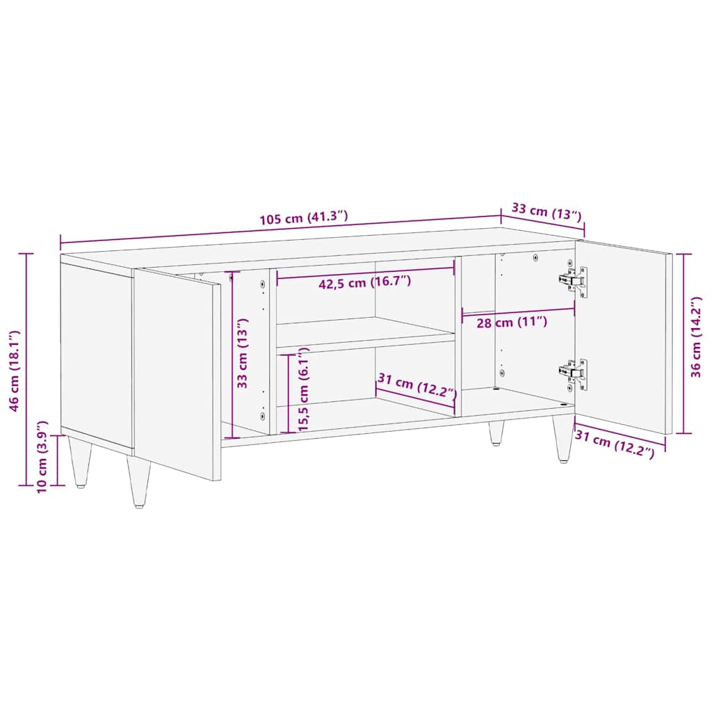 Cabinet TV cu raft Negru 105 x 33 x 46 cm Lemn de mango solid — imaginea 11