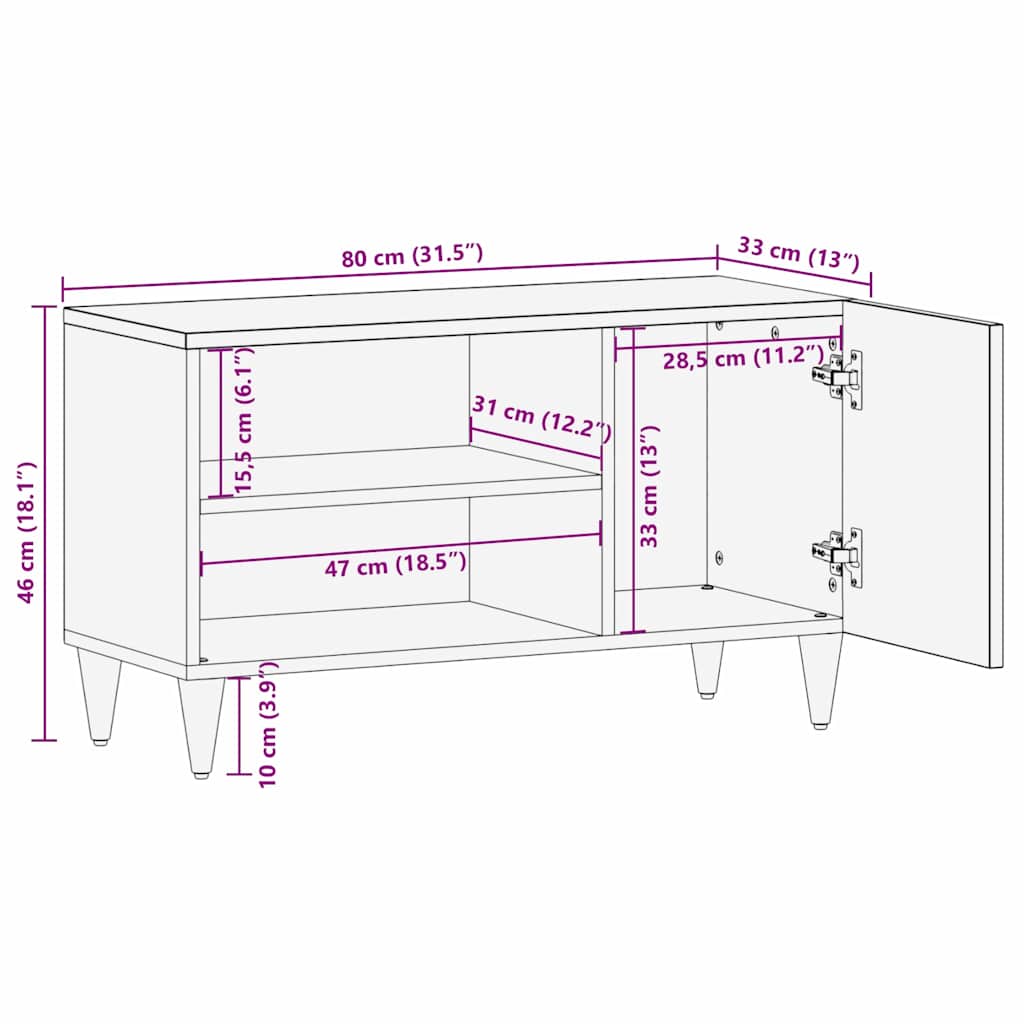 Cabinet TV cu raft Negru 80 x 33 x 46 cm Lemn de mango solid — imaginea 12