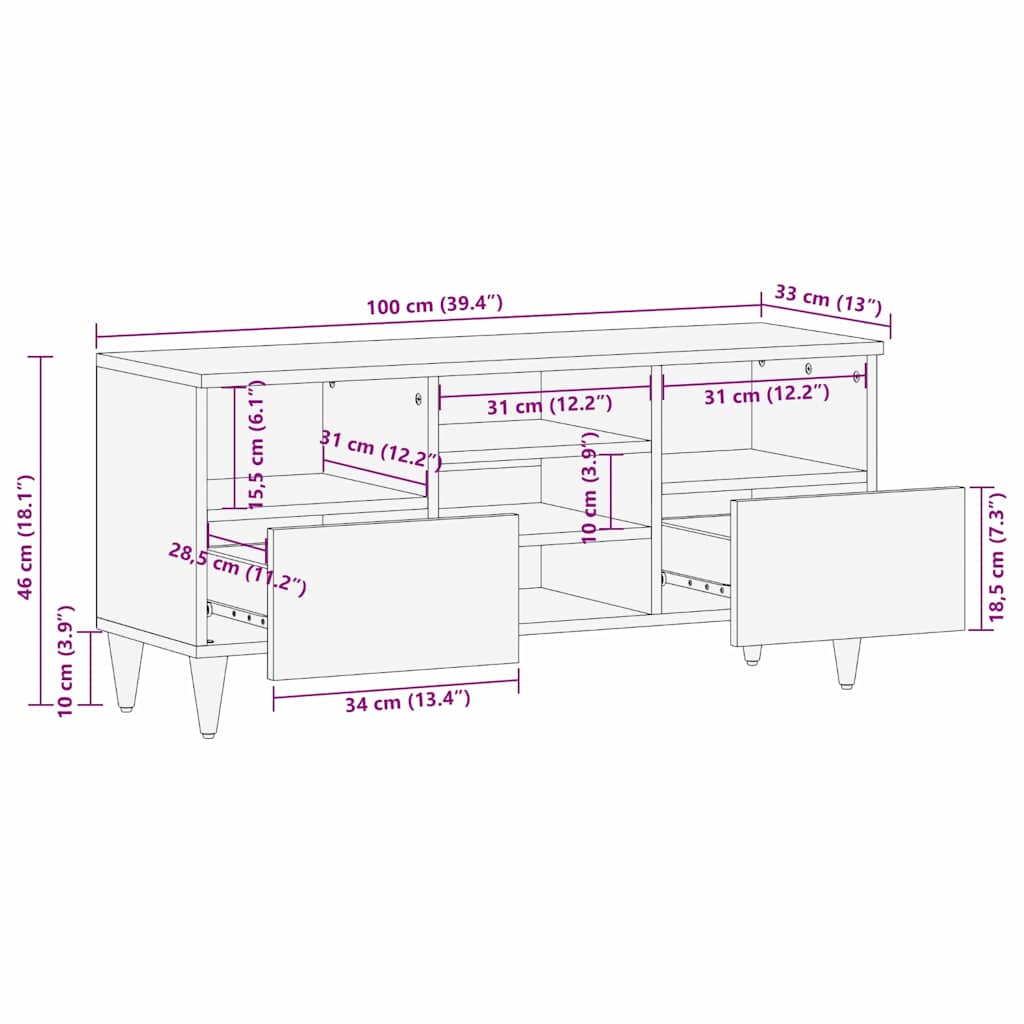 Cabinet TV cu sertar Negru 100 x 33 x 46 cm Lemn de mango solid — imaginea 11