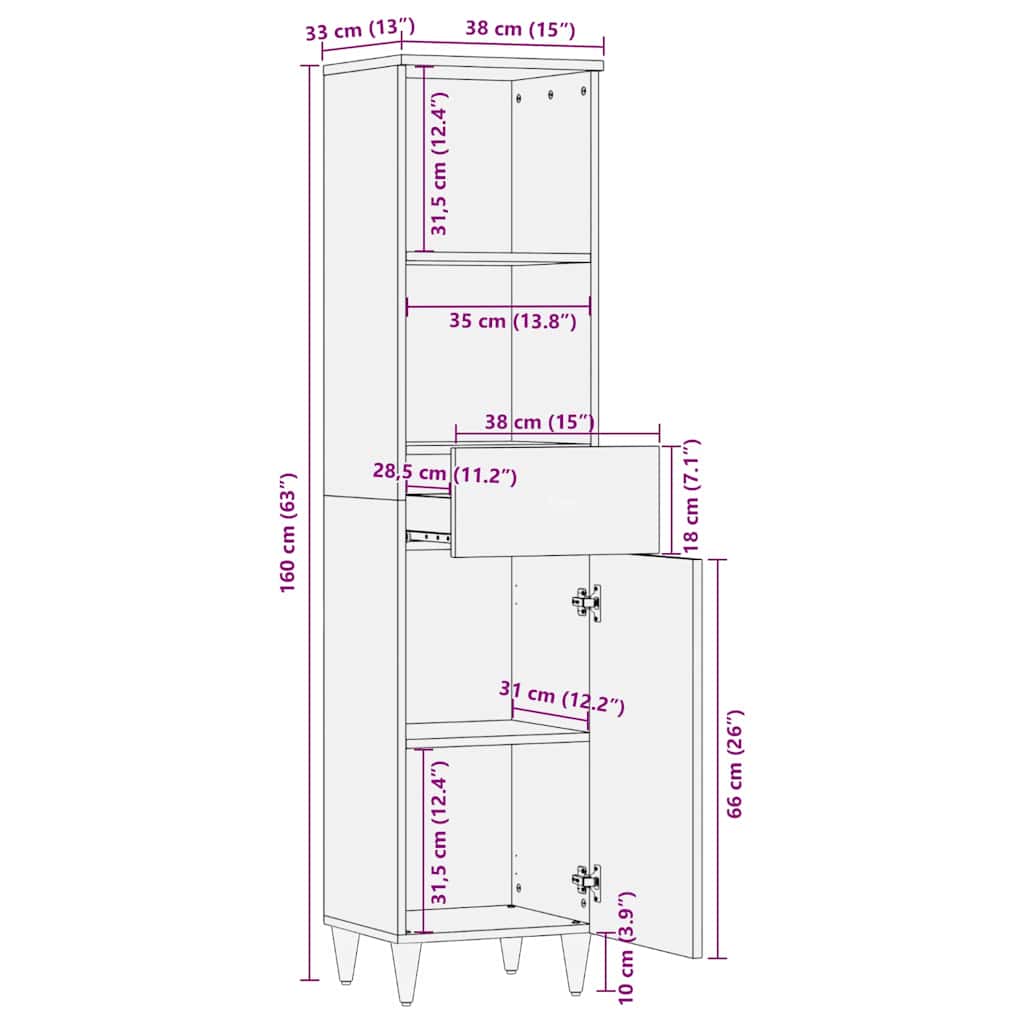 Bufet cu sertar Negru 38 x 33 x 160 cm Lemn de mango solid — imaginea 12