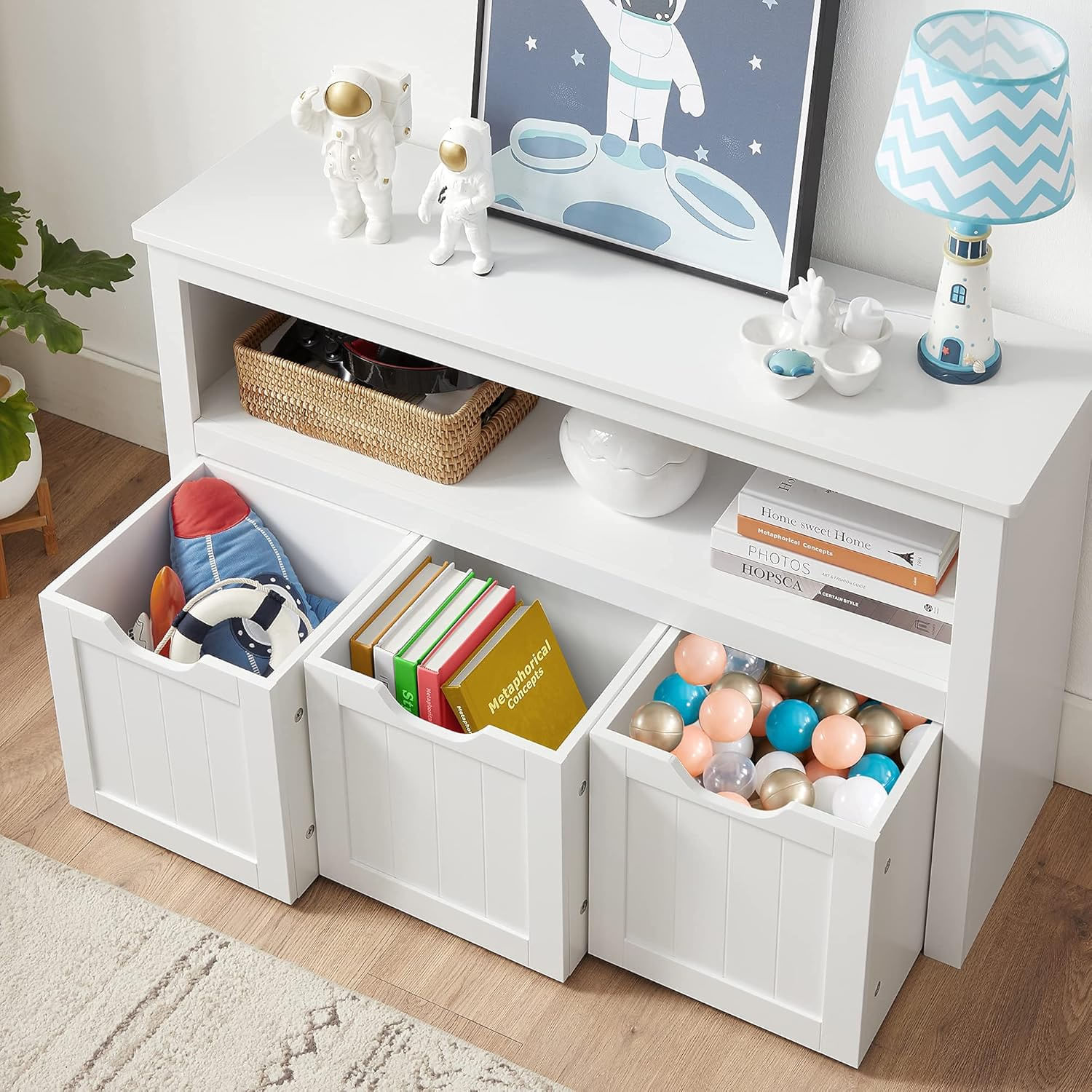 Comoda cu spatiu depozitare jucarii, 3 dulapuri mobile, 102x30x60 cm, alb — imaginea 4