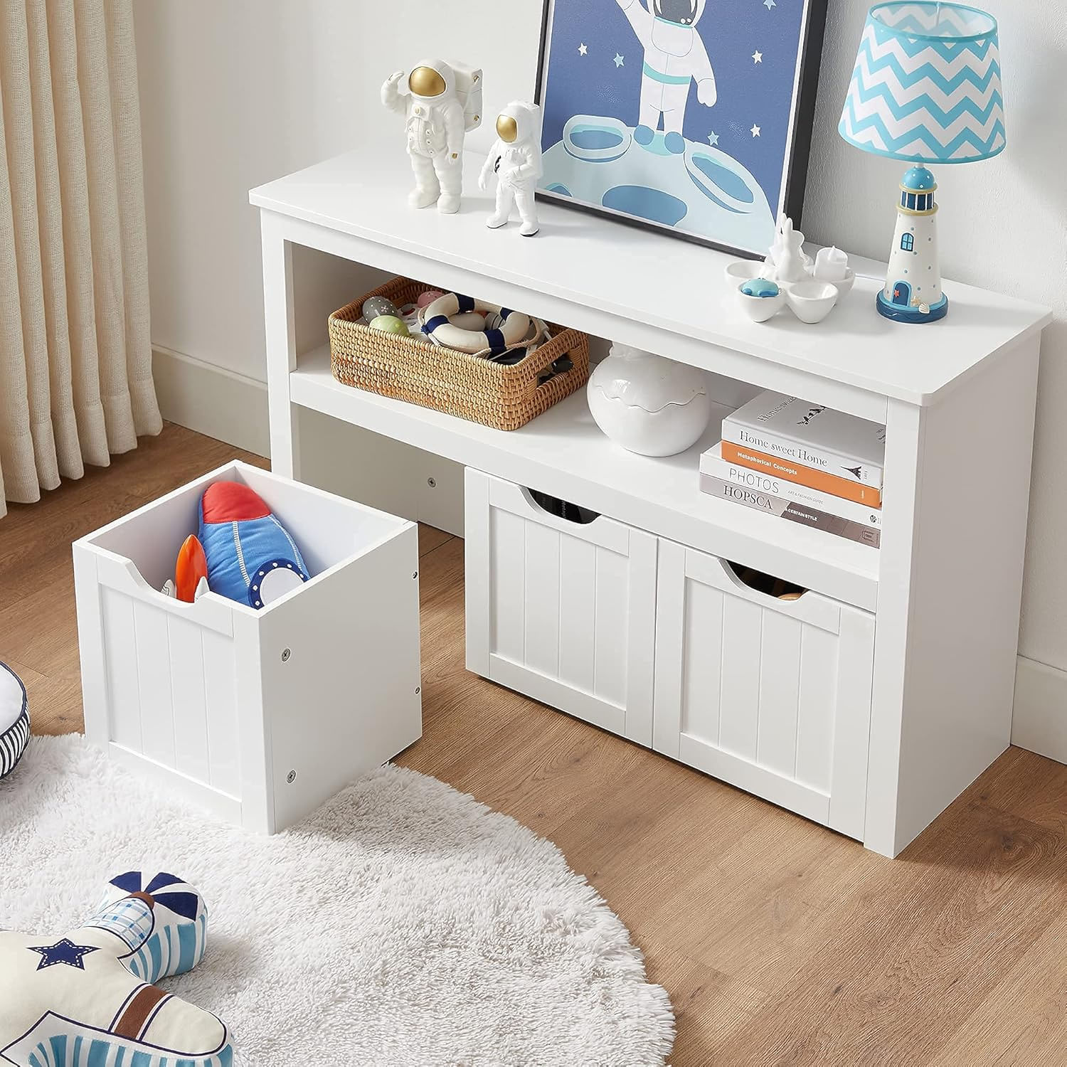 Comoda cu spatiu depozitare jucarii, 3 dulapuri mobile, 102x30x60 cm, alb — imaginea 8