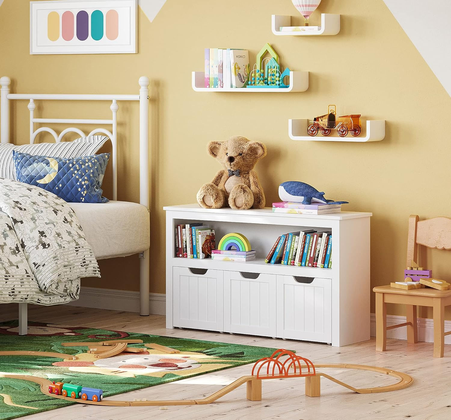 Comoda cu spatiu depozitare jucarii, 3 dulapuri mobile, 102x30x60 cm, alb — imaginea 9