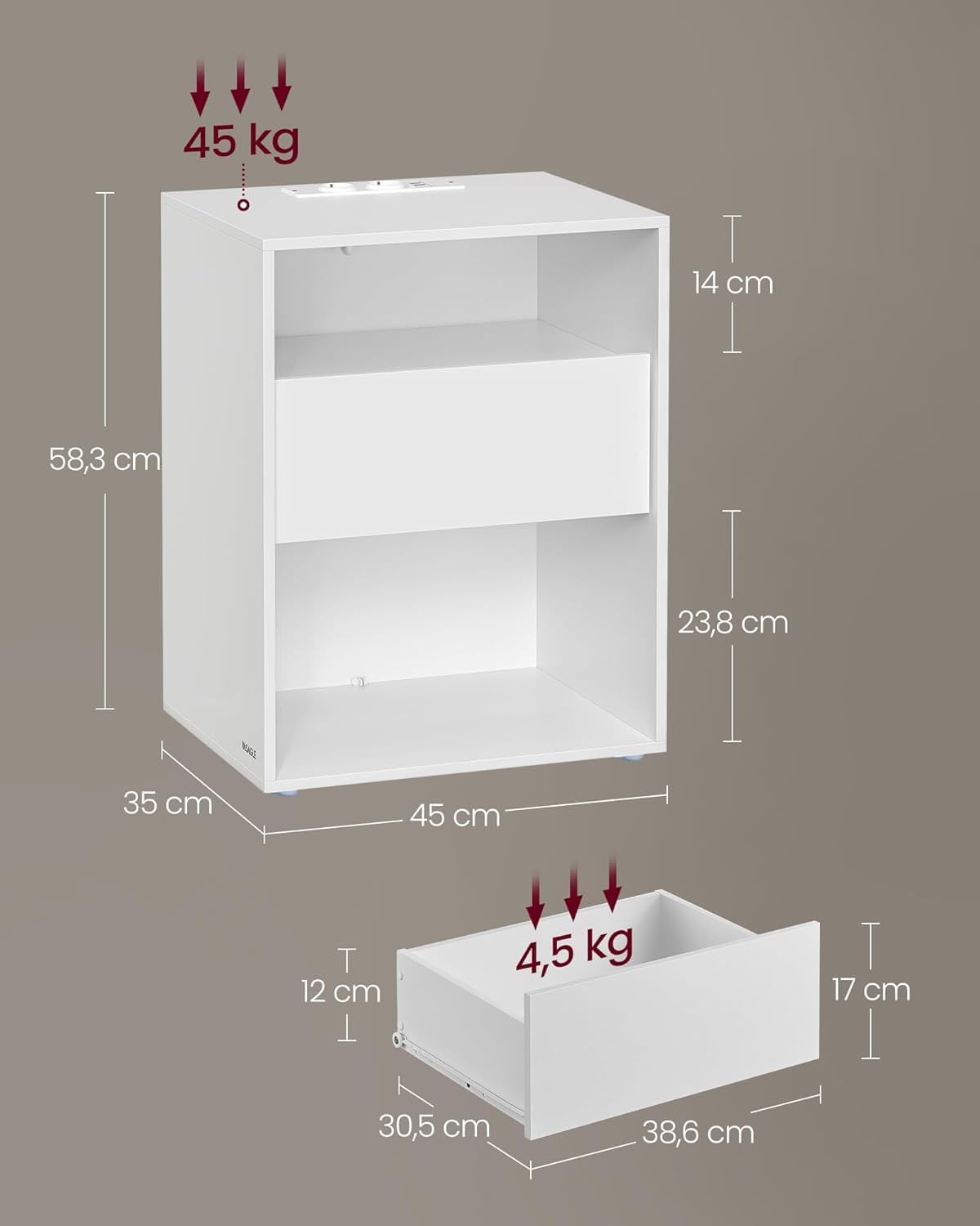 Set 2 noptiere cu porturi USB si prize, sertar si rafturi deschise, 45x35x58 cm, alb mat — imaginea 3