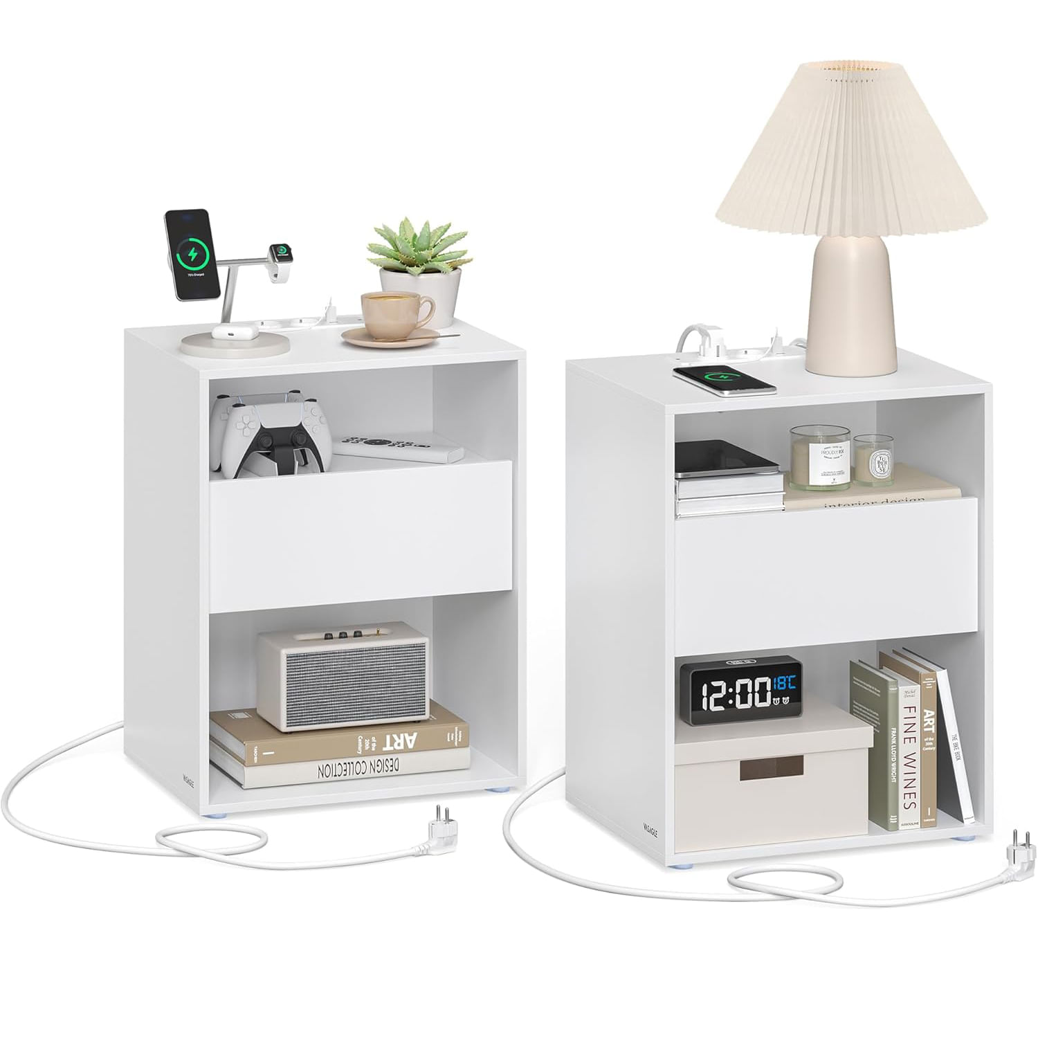 Set 2 noptiere cu porturi USB si prize, sertar si rafturi deschise, 45x35x58 cm, alb mat — imaginea 5