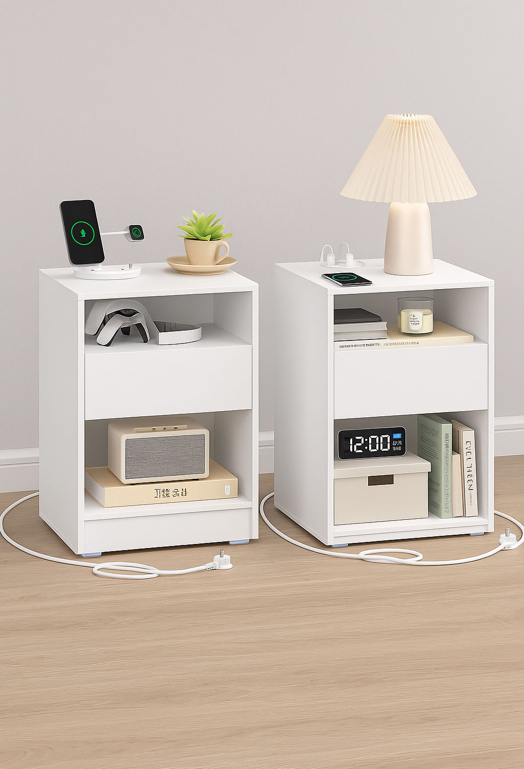 Set 2 noptiere cu porturi USB si prize, sertar si rafturi deschise, 45x35x58 cm, alb mat — imaginea 6