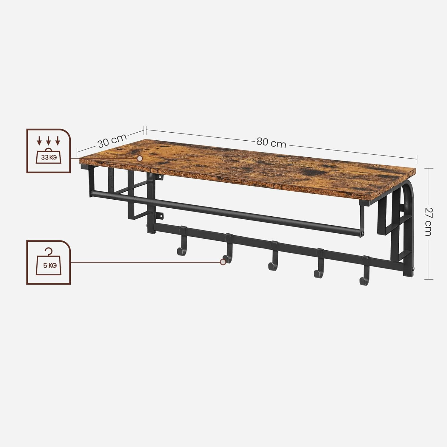 Cuier de perete cu raft de depozitare, 5 carlige, 30x80x27 cm, maro rustic — imaginea 2