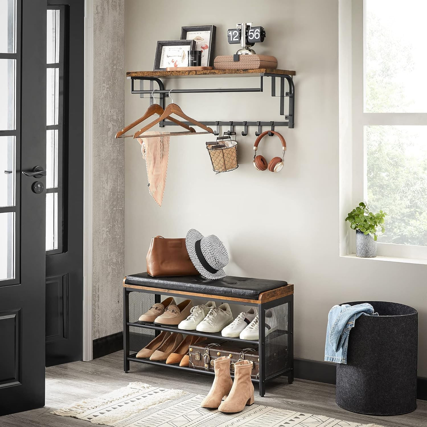 Cuier de perete cu raft de depozitare, 5 carlige, 30x80x27 cm, maro rustic — imaginea 5