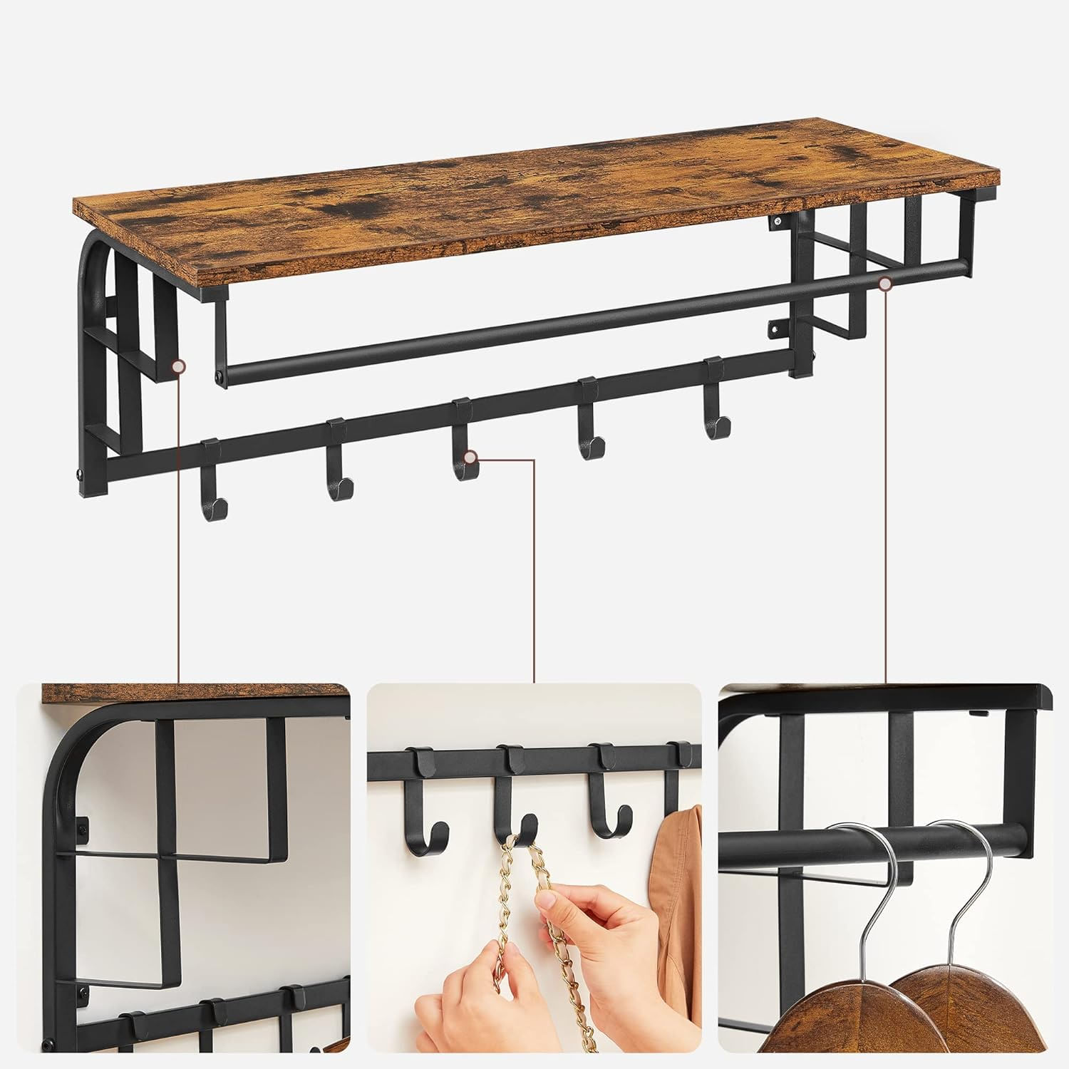 Cuier de perete cu raft de depozitare, 5 carlige, 30x80x27 cm, maro rustic — imaginea 7
