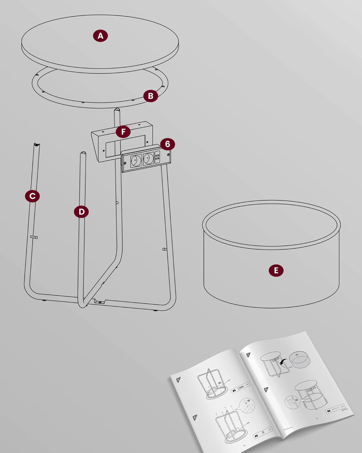 Masuta de cafea rotunda cu cos de stofa, statie de incarcare 2 prize si 2 USB, 45x50cm, negru — imaginea 3