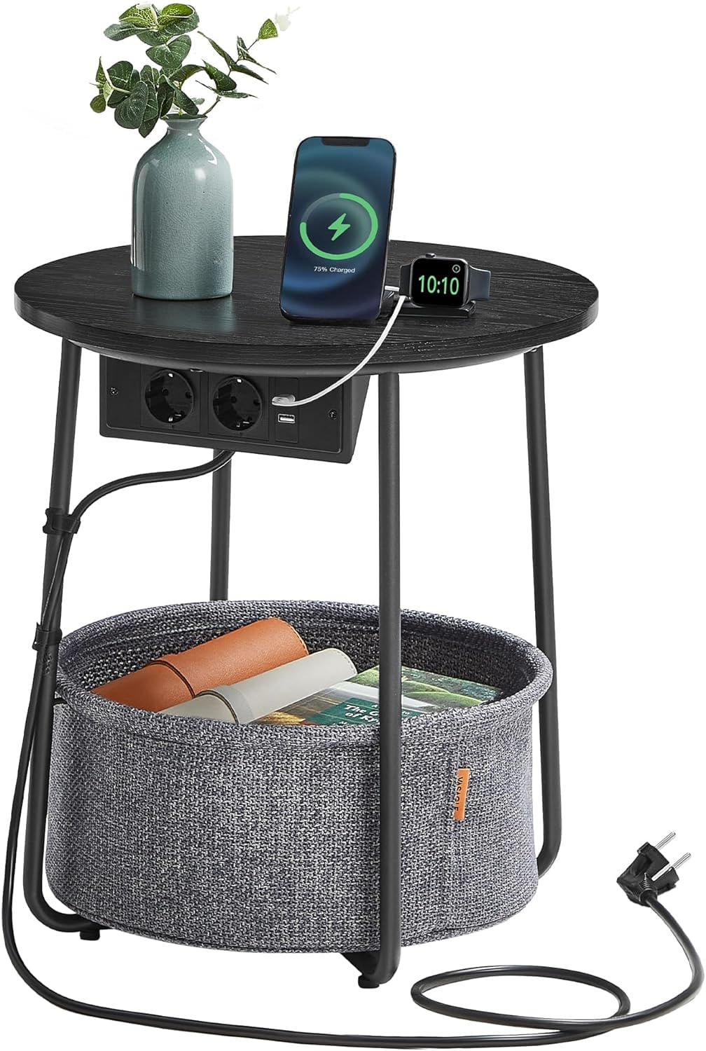 Masuta de cafea rotunda cu cos de stofa, statie de incarcare 2 prize si 2 USB, 45x50cm, negru — imaginea 4