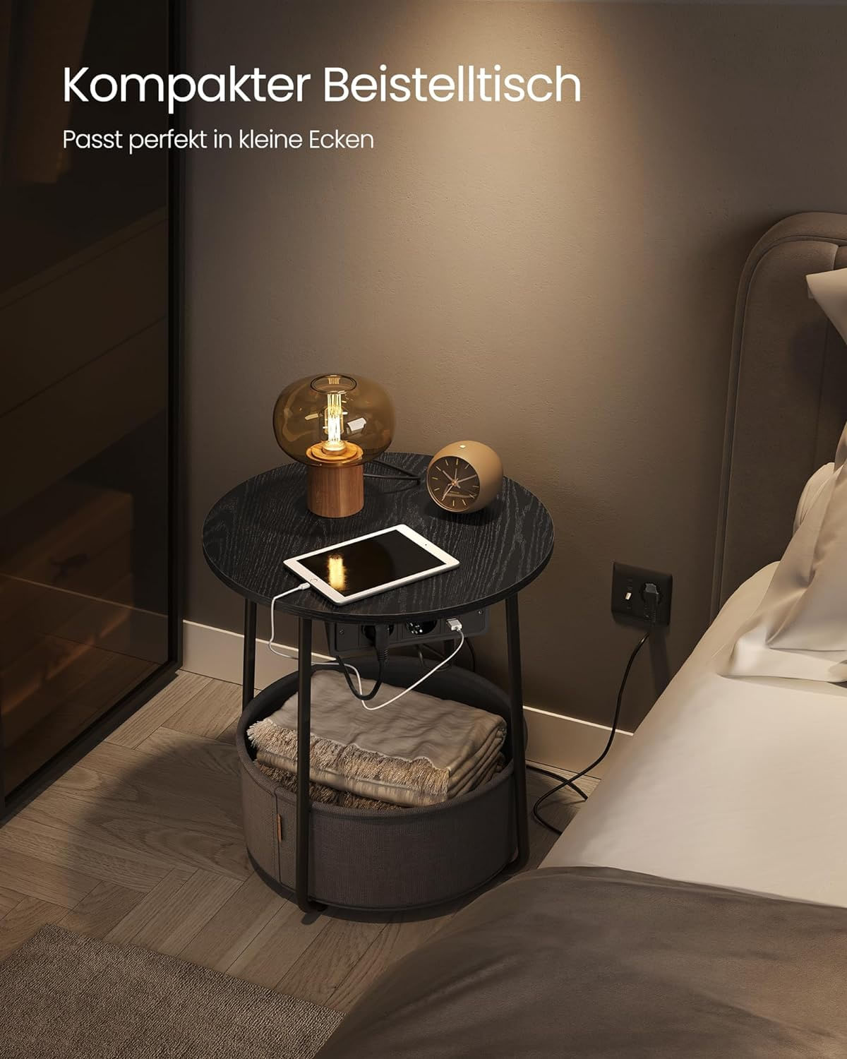Masuta de cafea rotunda cu cos de stofa, statie de incarcare 2 prize si 2 USB, 45x50cm, negru — imaginea 5