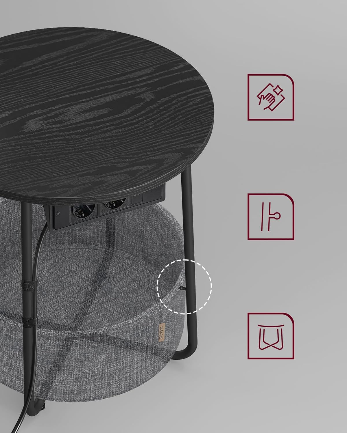 Masuta de cafea rotunda cu cos de stofa, statie de incarcare 2 prize si 2 USB, 45x50cm, negru — imaginea 6