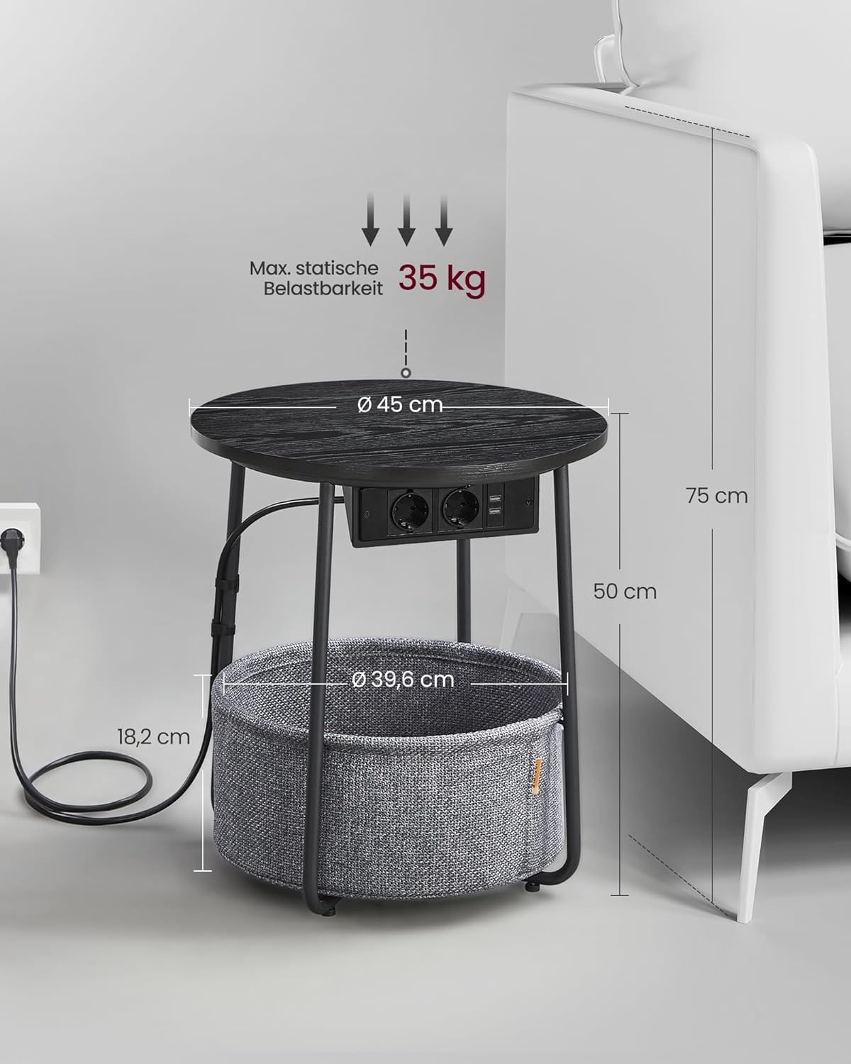 Masuta de cafea rotunda cu cos de stofa, statie de incarcare 2 prize si 2 USB, 45x50cm, negru — imaginea 7