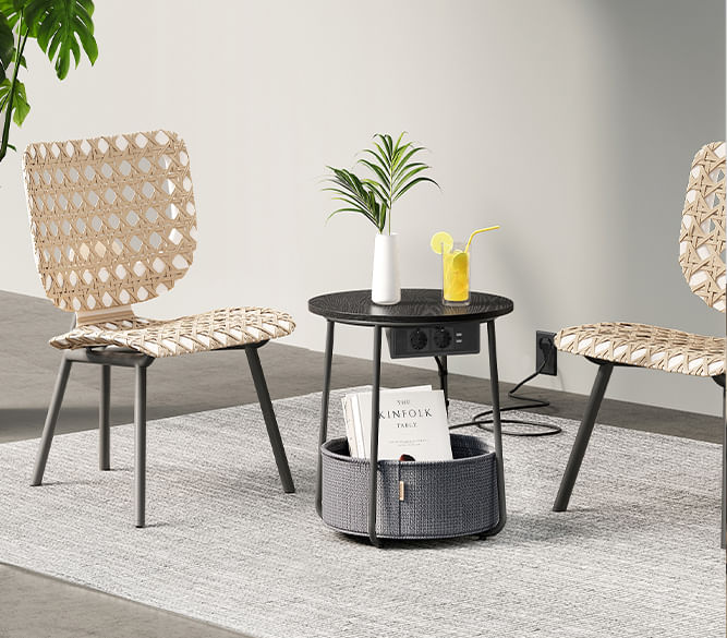 Masuta de cafea rotunda cu cos de stofa, statie de incarcare 2 prize si 2 USB, 45x50cm, negru — imaginea 8