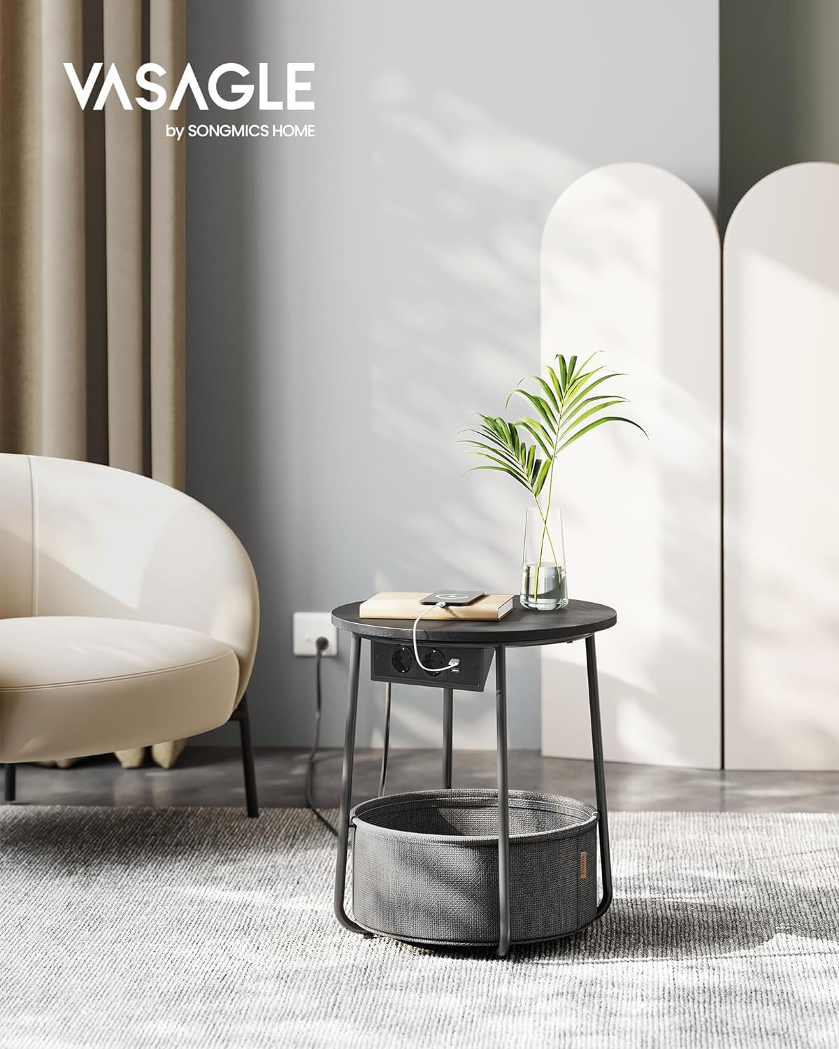 Masuta de cafea rotunda cu cos de stofa, statie de incarcare 2 prize si 2 USB, 45x50cm, negru — imaginea 11