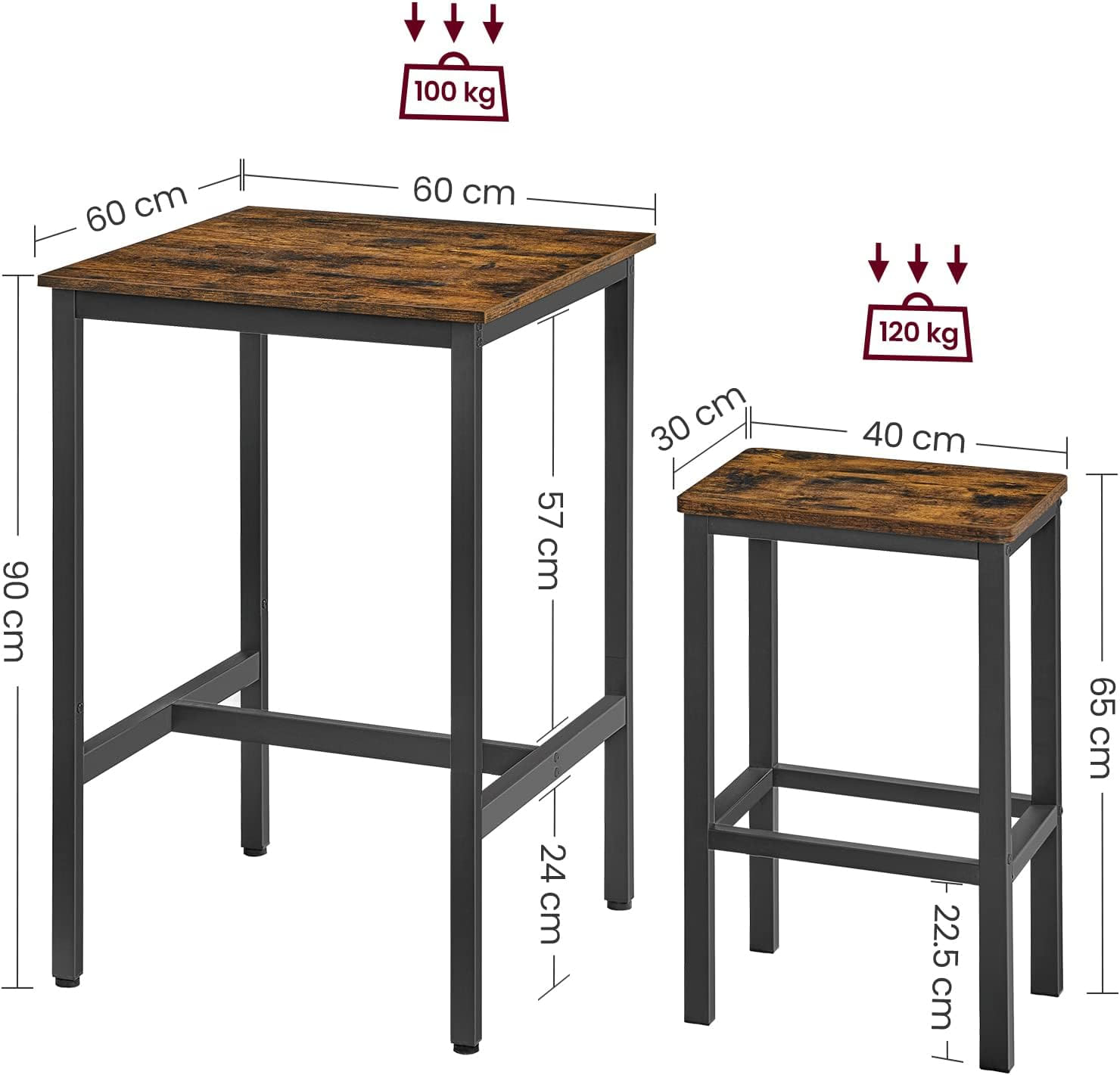 Set masa si scaune de bar, masa 60x60x90cm si 2 scaune 30x40x65cm, stil industrial, maro rustic